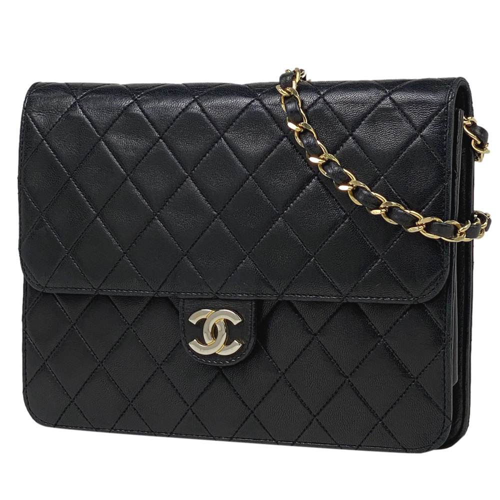 Chanel Matelasse Single Flap Chain Shoulder Bag Push Lock Black